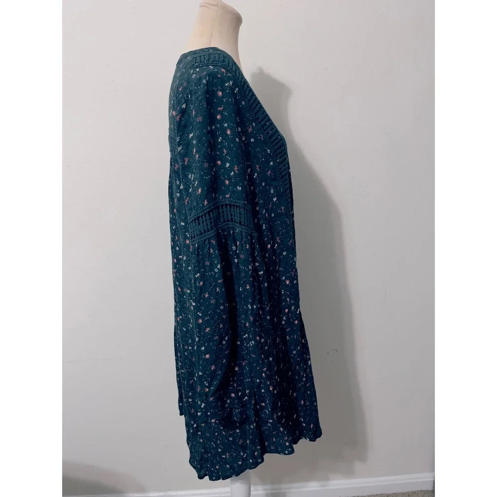 Knox Rose Women Teal Floral Crochet‎  Bell Sleeve Boho Cottagecore Dress Size M